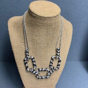 Striped Statement Necklace 18 In Silver Chunky Chain Navy Blue Nautical Retro